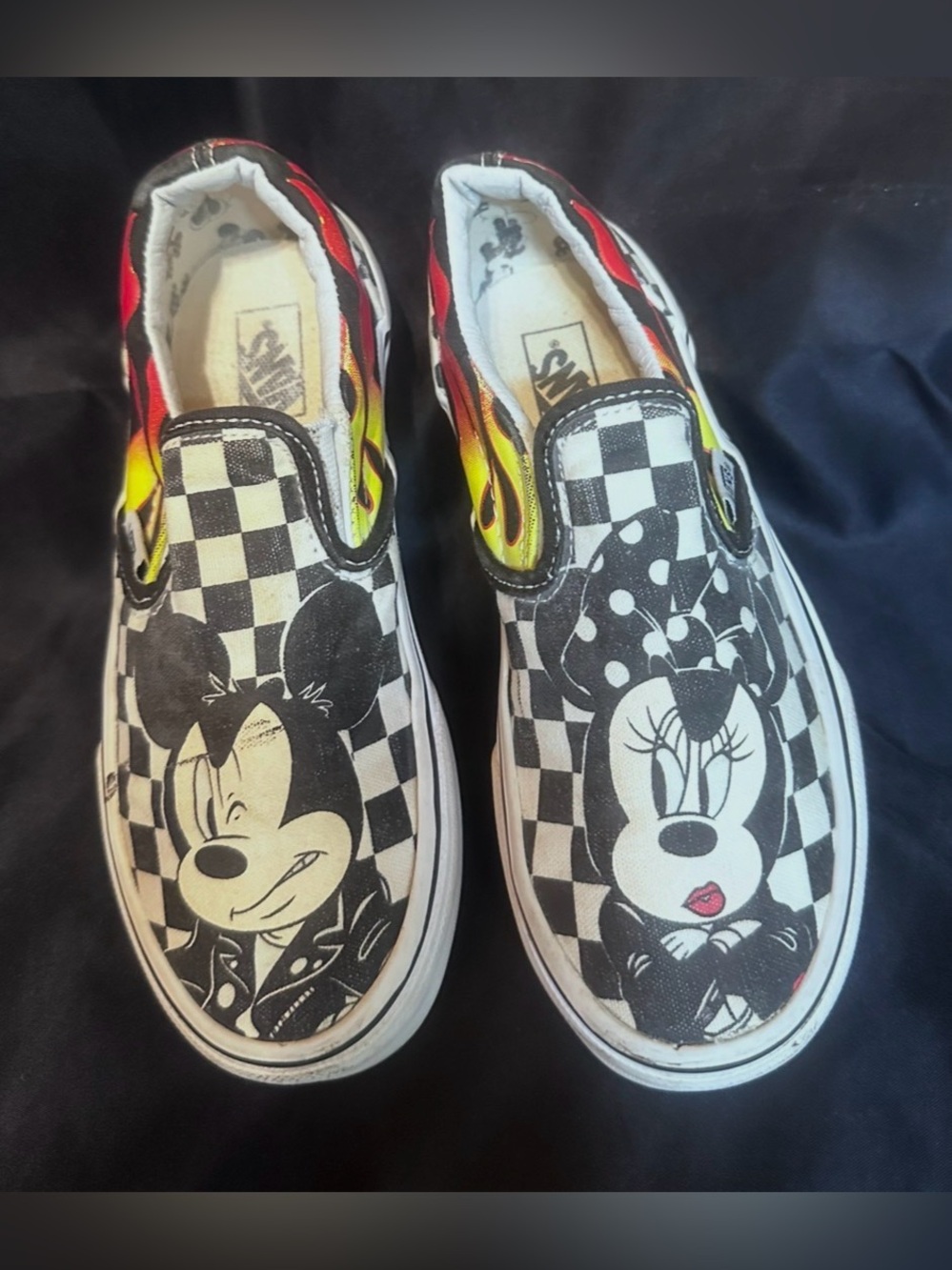 #S1096 Disney Kids Slip-On Sneakers Black White with Red and Yellow Flames-Sz 1